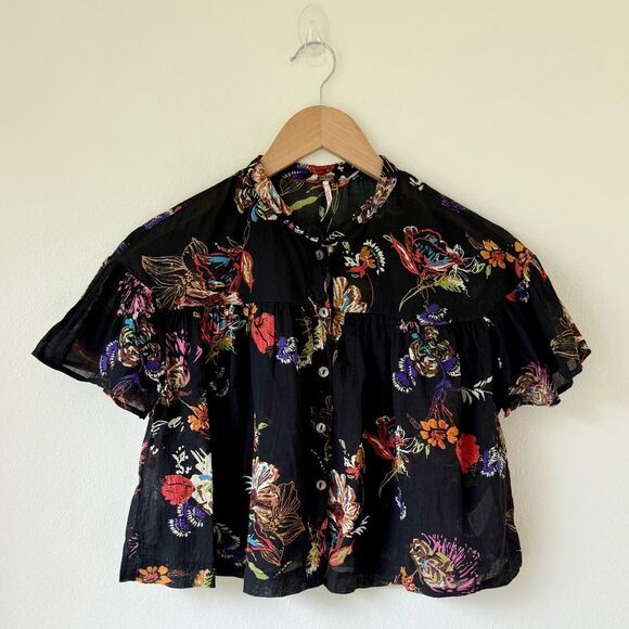 Free People Sweet Escape Cropped Cotton Blouse in Black Floral - XS - Picture 2 of 9